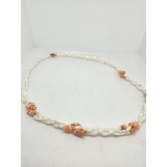 Vintage Mother of Pearl Coral Goldtone Beaded 3 Strand Twisted 22" Necklace - Picture 4 of 7